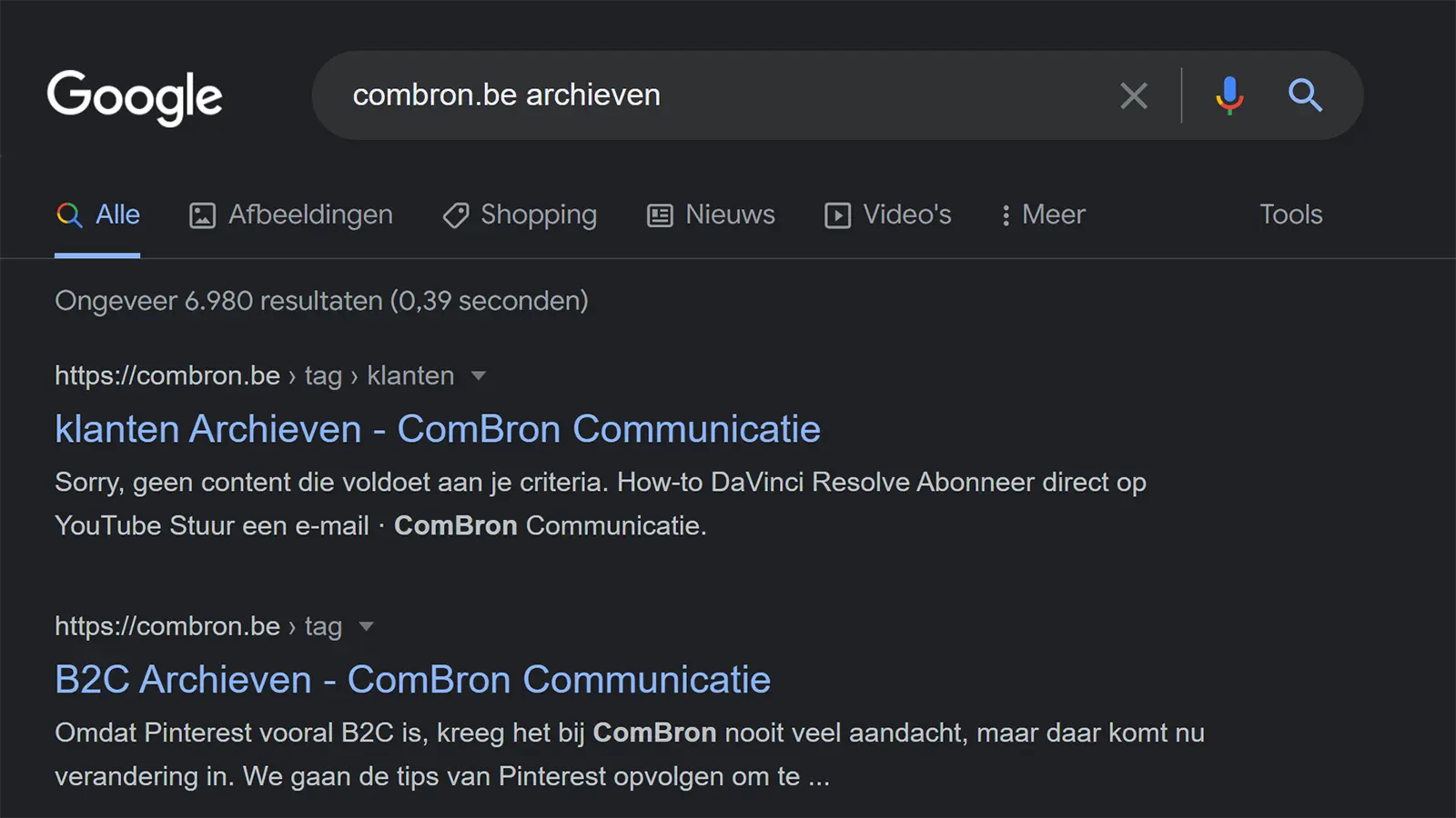 Schermafbeelding van zoekresultaten Google. De zoekopdracht was combron.be + archieven.