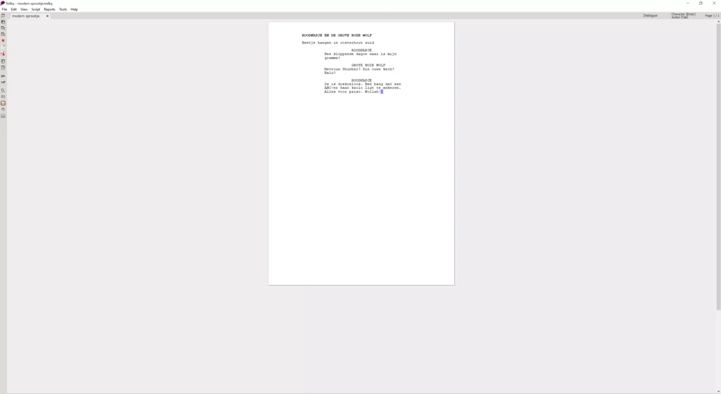 Schermafbeelding van Trelby software op een 28 inch 4K monitor.