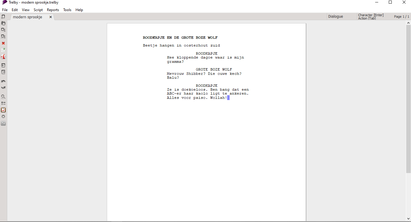 Schermafbeelding van Trelby software op een 14 inch monitor met een schermresolutie van 1368 x 768 pixels.