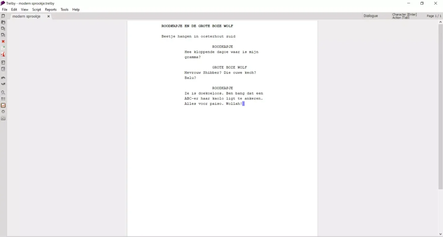 Schermafbeelding van Trelby software op een 14 inch full hd monitor.