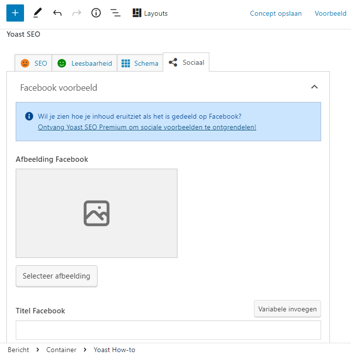 Schermafbeelding van het gedeelte van de plugin Yoast SEO waarin de gegevens en afbeelding voor Facebook worden ingesteld.