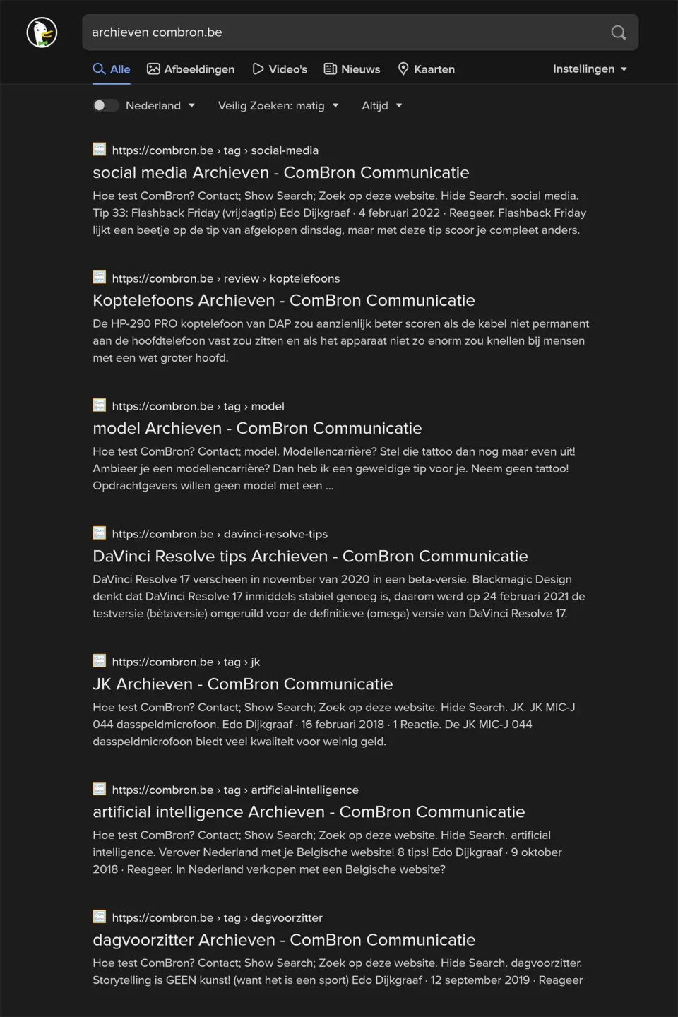 Schermafbeelding van een zoekactie bij duckduckgo. Gezocht werd naar combron.be + archieven.