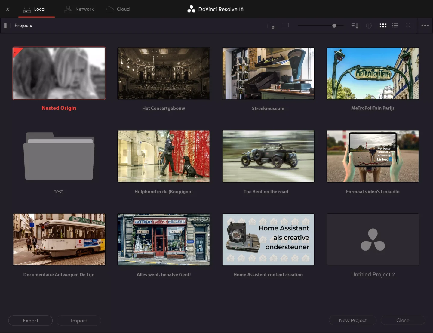 Schermafbeelding van de Project Manager van DaVinci Resolve 18. Deze afbeelding is gemaakt door Edo Dijkgraaf van ComBron en hoort bij de vertaling van de handleiding.
