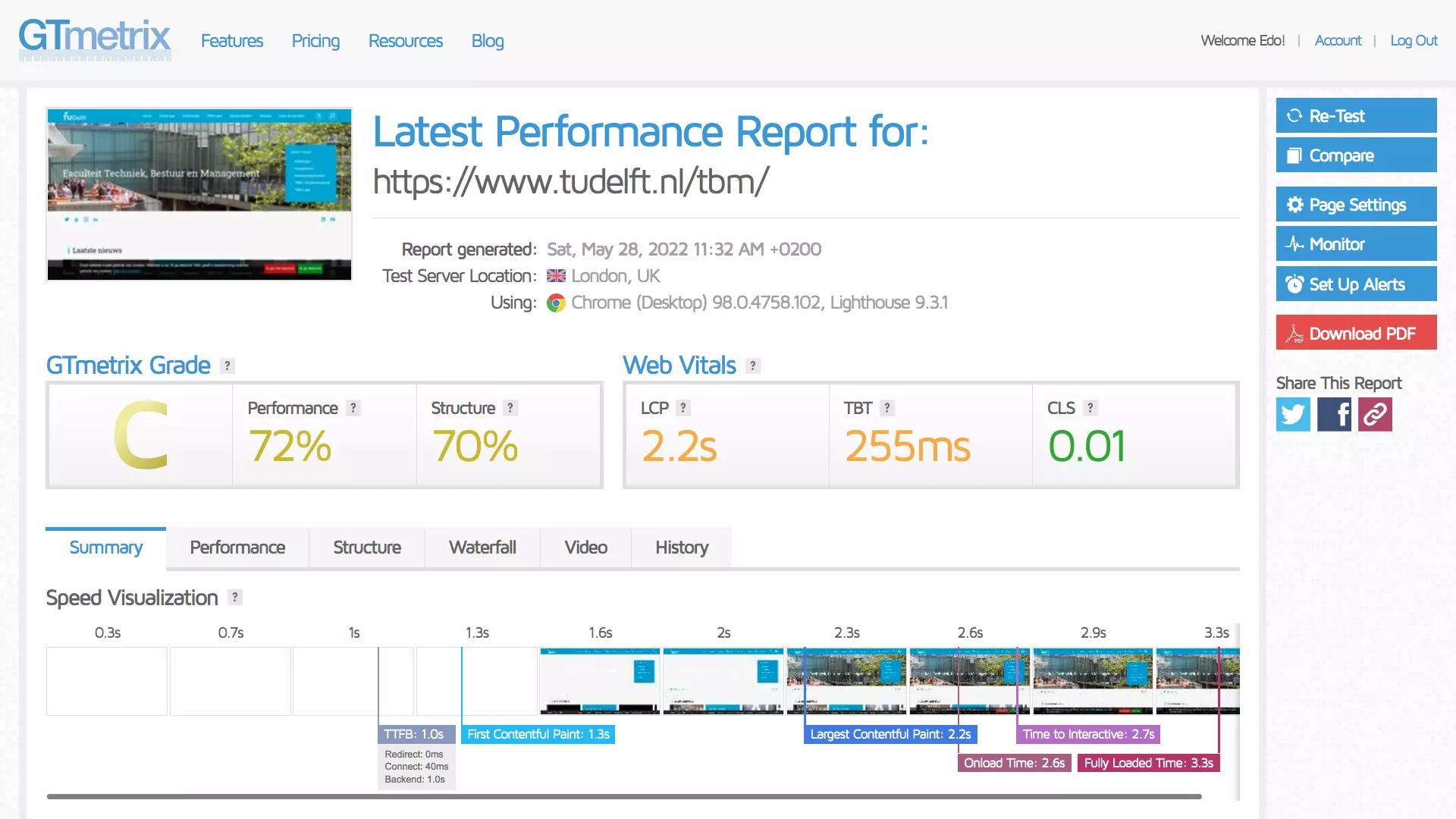 Schermafbeelding van een online performance report van de website van de TU Delft. Met online communicatie scoort de universiteit al jaren slecht.