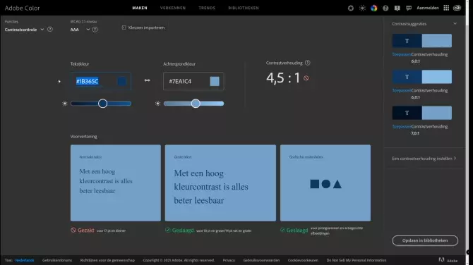 Schermopname Adobe Color. De opname toont hoe witte letters op een lichtblauwe ondergrond onvoldoende contrast hebben terwijl zwarte letters op dezelfde ondergrond het prima doen.