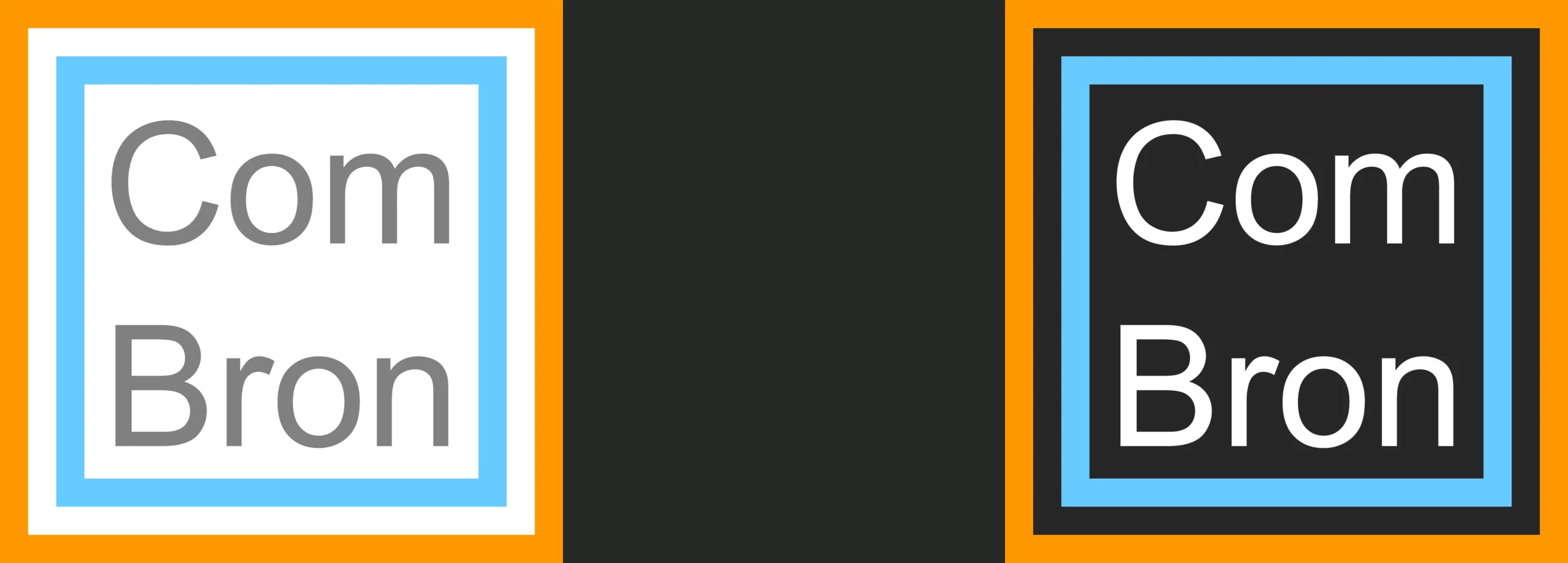 Het oude logo van ComBron Communicatie links en het nieuwe contrastrijke logo van ComBron Communicatie rechts. De logo's liggen op een donkergrijze ondergrond.