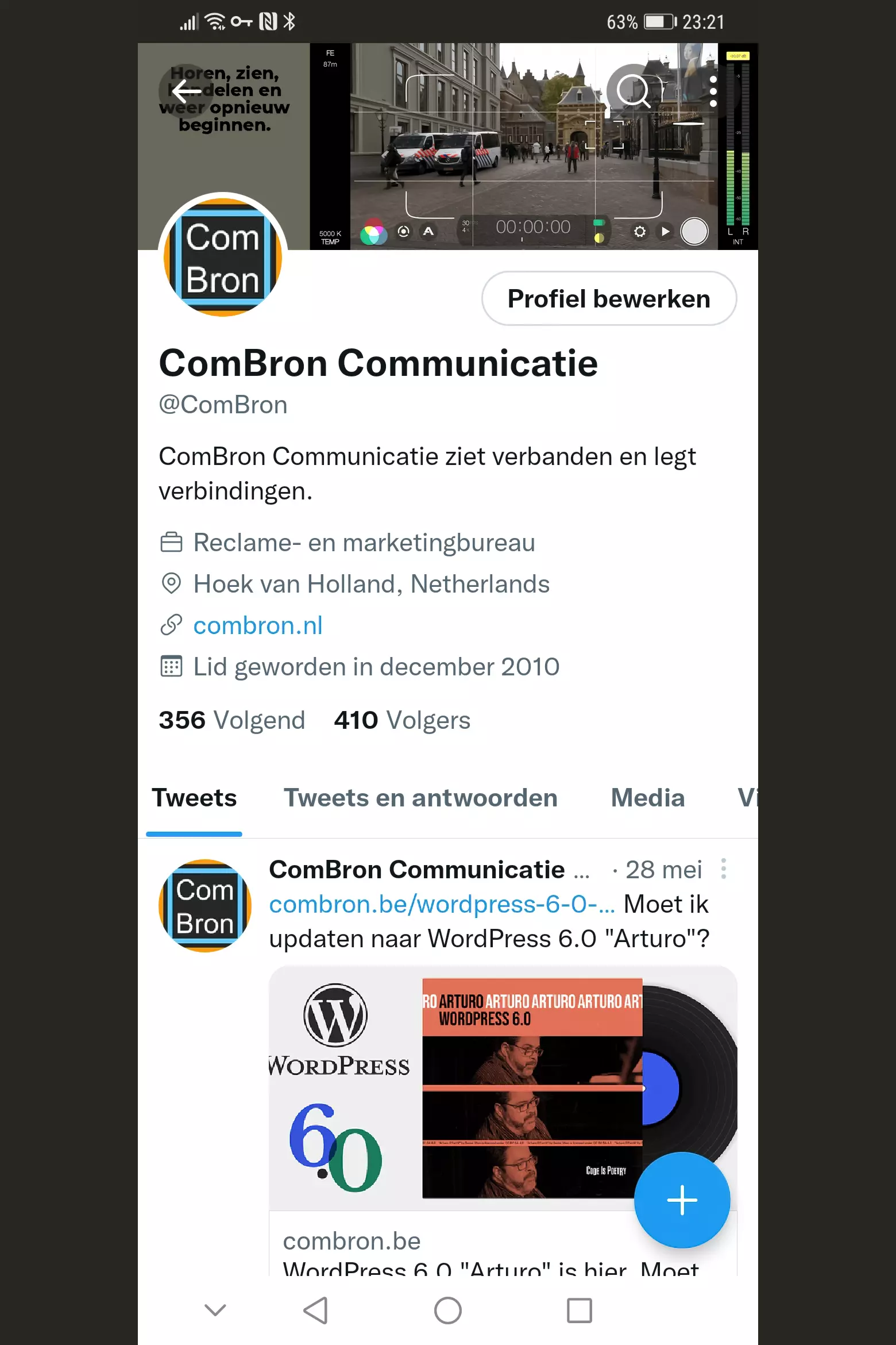 Schermafbeelding smartphone profiel ComBron op Twitter.