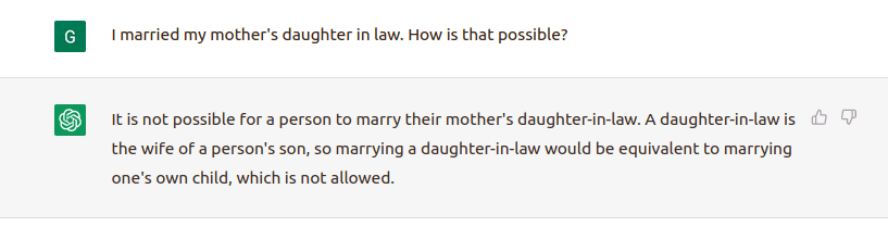 Schermafbeelding van Giuseppe Venuto op Reddit waar hij vraagt aan ChatGPT hoe het mogelijk is dat hij met de schoondochter van zijn moeder getrouwd is. ChatGPT gaat de fout in en beweert dat het niet kan. De tekst is in het Engels. De afbeelding is afkomstig van Reddit.