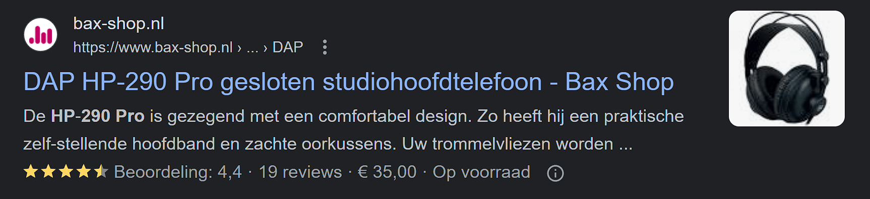 Schermafbeelding van de SERP van de DAP HP-290 Pro gesloten studiohoofdtelefoon waarin de webredacteur het heeft over "een comfortabel design".