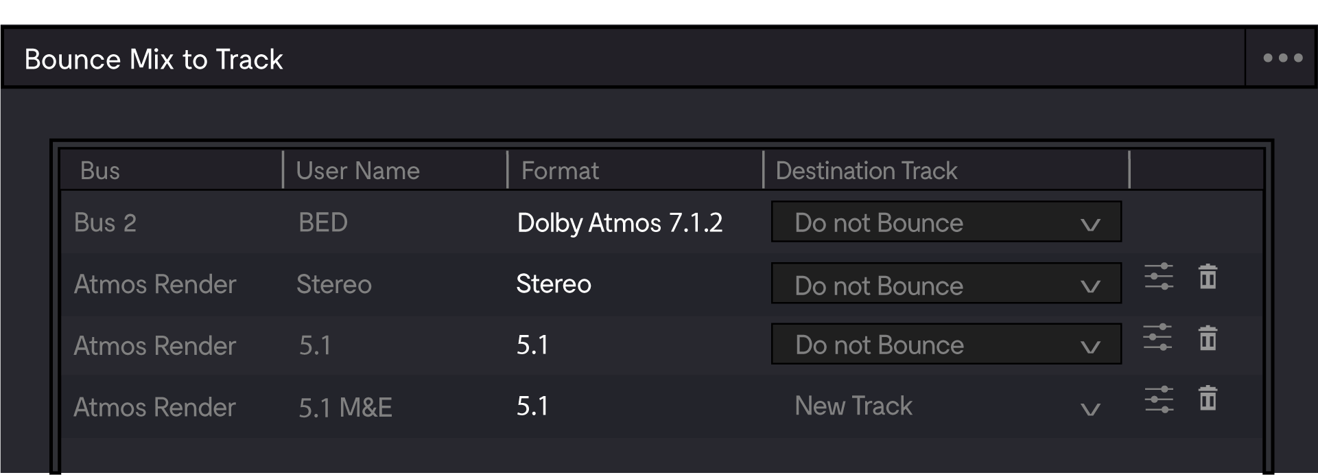 Tekening van de "Bounce Mix to Track" Dolby Atmos re-render instellingen in DaVinci Resolve Fairlight.