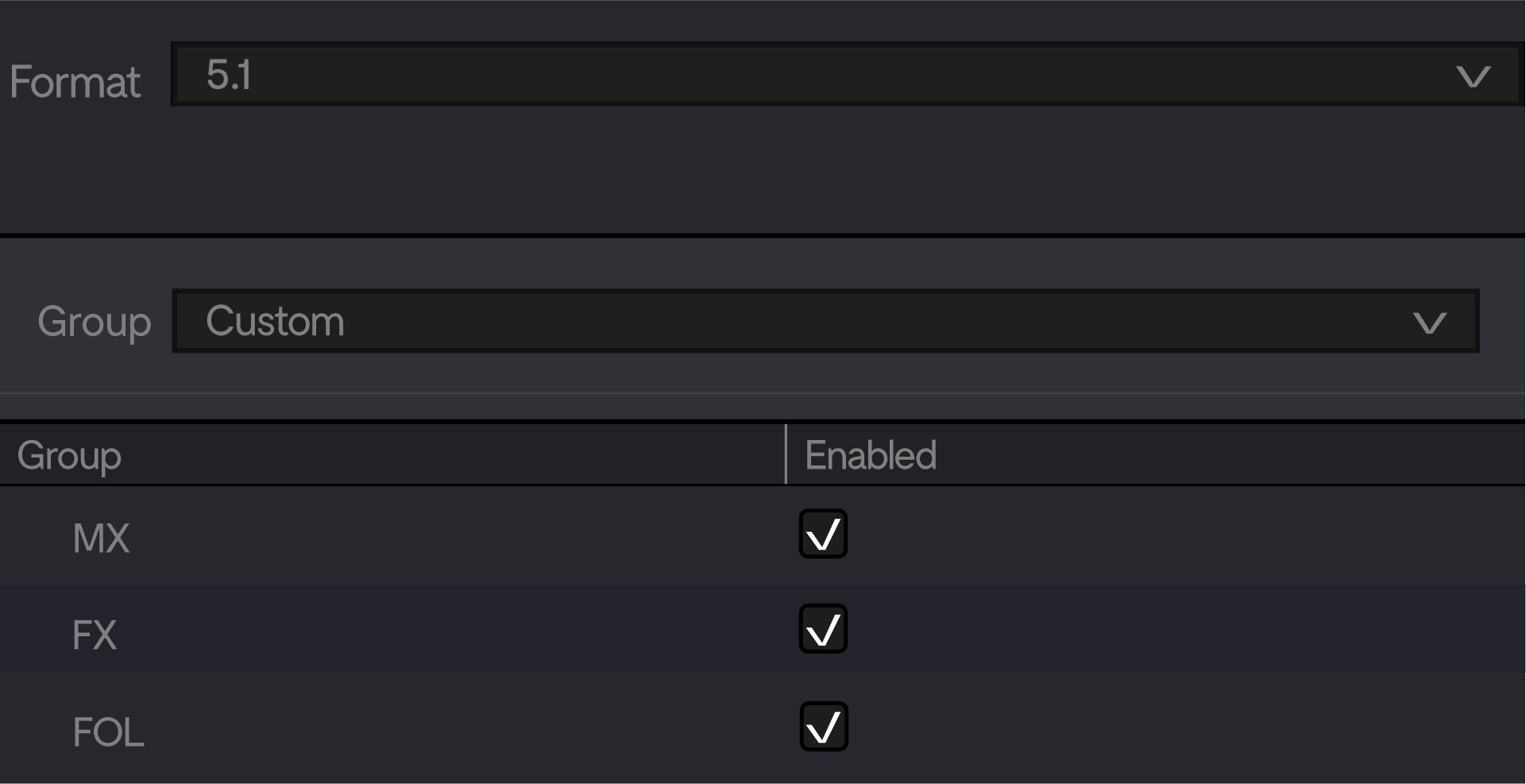 Tekening van het scherm waarmee in Fairlight de Dolby Render Preset Options kunnen worden ingesteld.