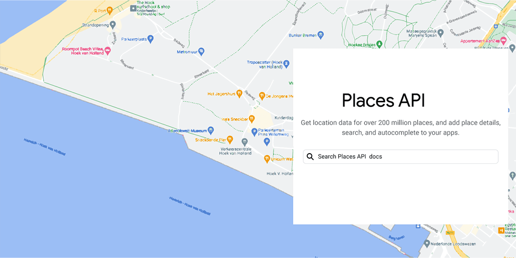 Fictieve schermafbeelding van de pagina over de API van Google Maps.