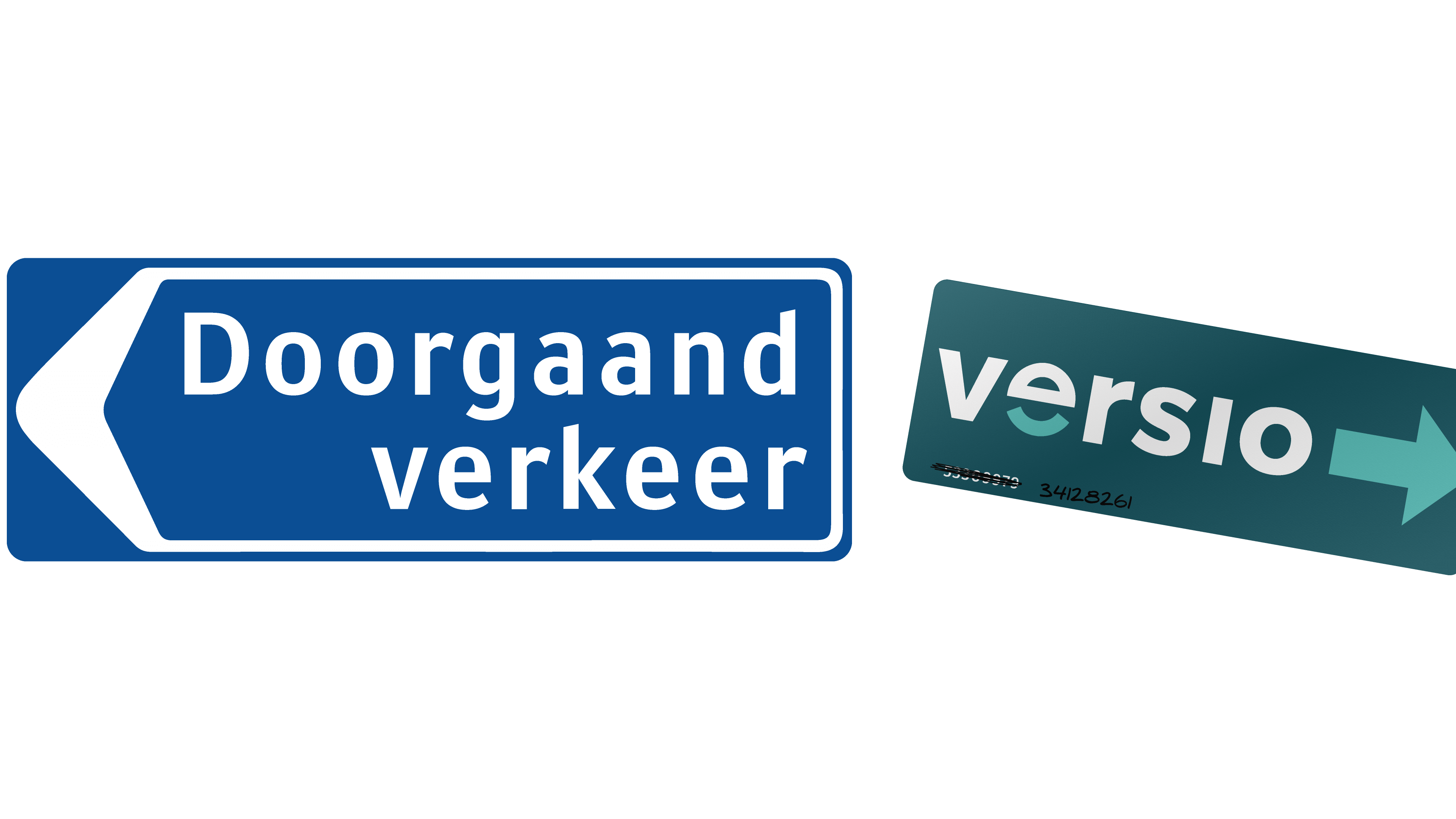 Afbeelding van twee borden waarop richting wordt aangegeven. Doorgaand verkeer linkaf en verkeer richting webhostingbedrijf Versio de tegenovergestelde richting.