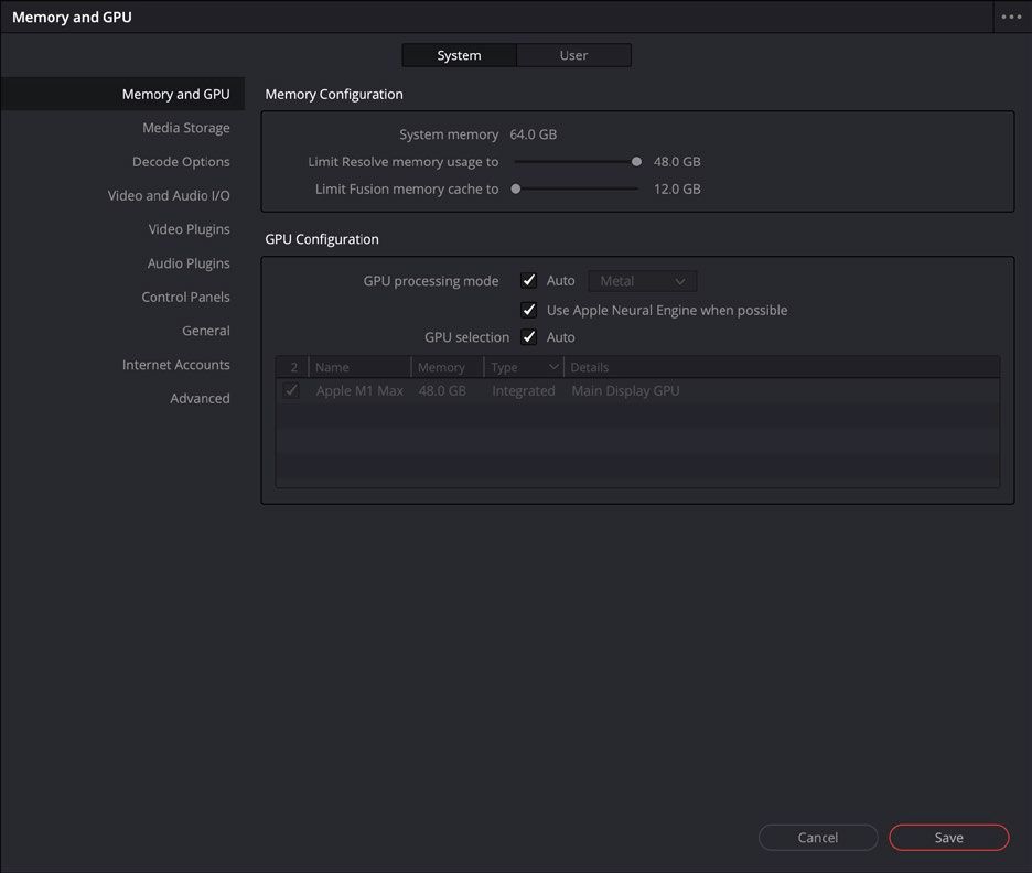 Voorkeuren instellen geheugen en videokaart DaVinci Resolve.